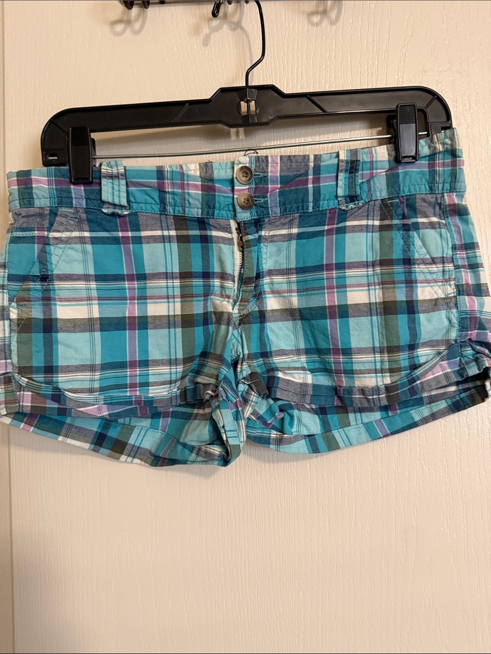 Vintage Y2K Aeropostale Teal Blue Plaid Women's Jean Shorts sz 3/4
